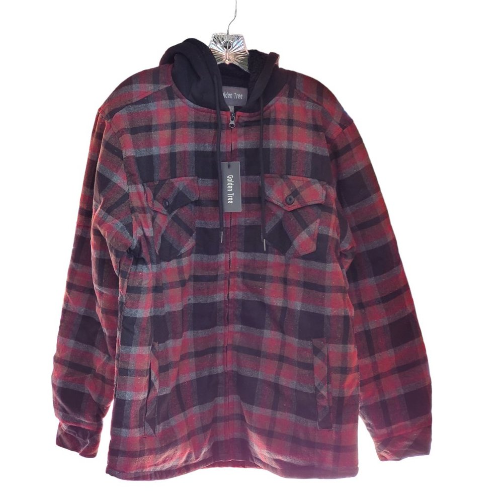 Men's Plaid Flannel Lined Jacket. Full‎ Zip. Hooded. Size Large. Burgundy.